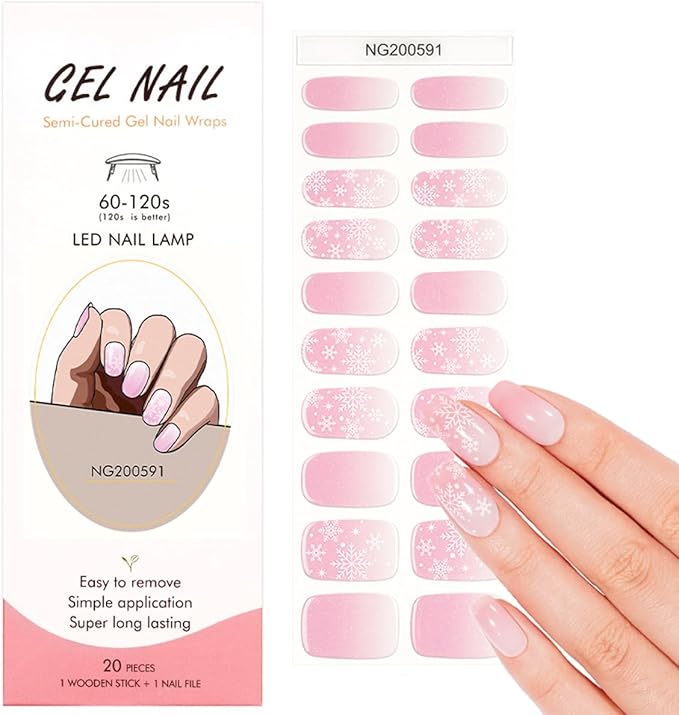 Christmas Semi Cured Gel Nail Strips - 20Pcs Pink UV Gel Nail Wraps with Snowflake Design, Long Lasting Salon-Quality Stickers, Includes Nails File & Wooden Stick - UV/LED Lamp Required