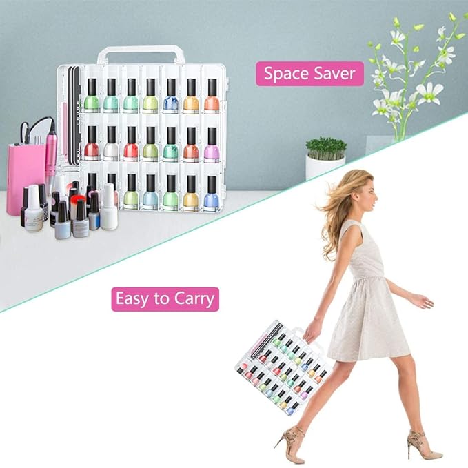 JIASHENG Two Nail Polish Organizer Case Holders, 48 Bottles Universal Nail Storage Box for Double Side Adjustable Space Divider for Acrylic Nail Gel Dip Powder Tips Set with Two Toe Separator