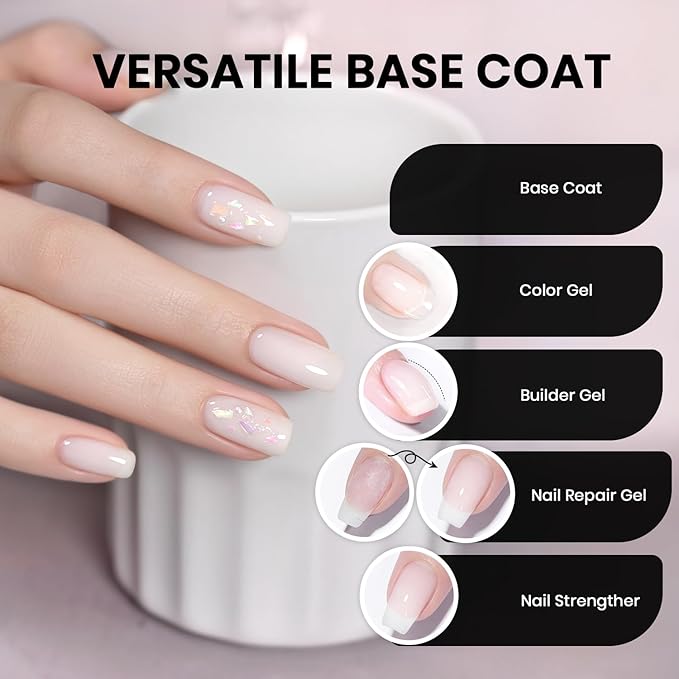 RARJSM Nude Milky White Fiber Glass Rubber Base Gel Nail Polish for Repair Broken Nails Strengthener Gel Base Coat Transparent Brush on BuildingGel in a Bottle Soak Off UV LED Curing Requires 15ml