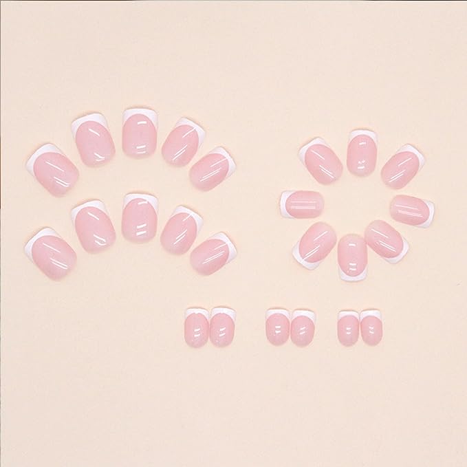 White French Tip Press on Nails Short Square Fake Nails Pink Stick on Nails Full Cover Reusable Glossy Acrylic False Nails Artificial Glue on Nails for Women Manicure 24 Pcs