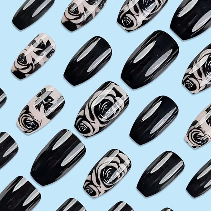 Press on Nails Black Rose Fake Nail Coffin Shaped False Nails with Gradient Design Medium Coffin Stick on Nail Glossy Acrylic Nails Black Press on Nails Artificial Reusable Nails for Women 24Pcs