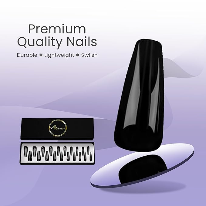Allkem Coffin Press on Nails Extra Long Ballerina (20 Pieces) - Glossy Nail Extensions Kit - 10 Sizes Glue on Fake Nails (Black)