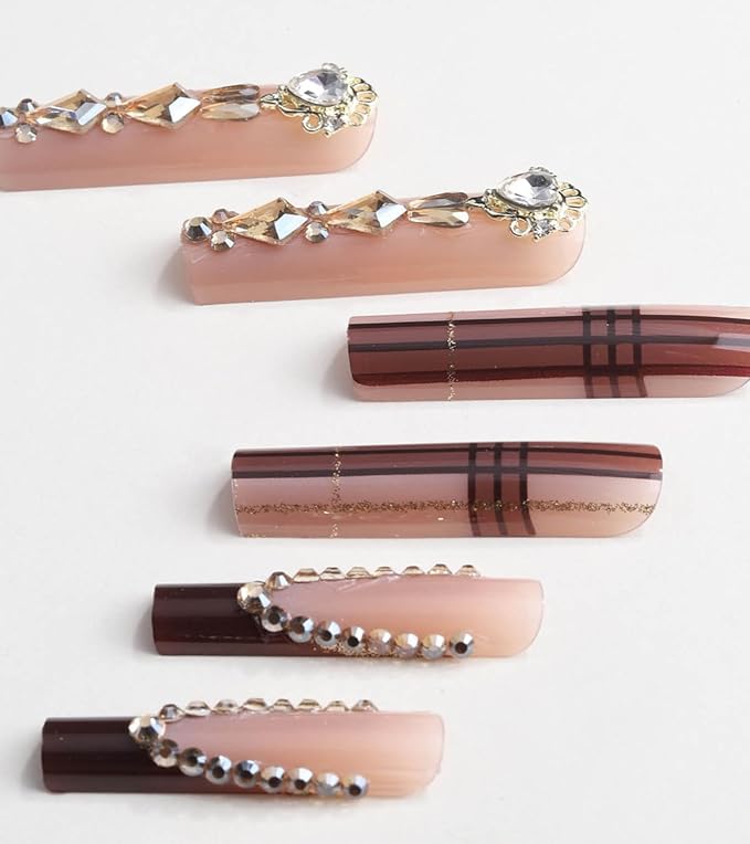 Press on Nails Square - Extra Long Fake Nails with 3D Rhinestones, Brown French Tips Nude False Nail with Glue Sticker, Fall Stick On Nails for Women, 12 Sizes - 24 Nail Kit, Amber Dusk