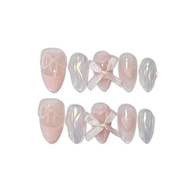 Lovely Sweet Cute Pink Nails Aurora Glitter French Tip Press On Nails Short Almond Soft Gel Fake Nails With Sparkling Waves 3D Bow Ties 10pcs/Box Acrylic Stick on Nails For Women Girls(L)