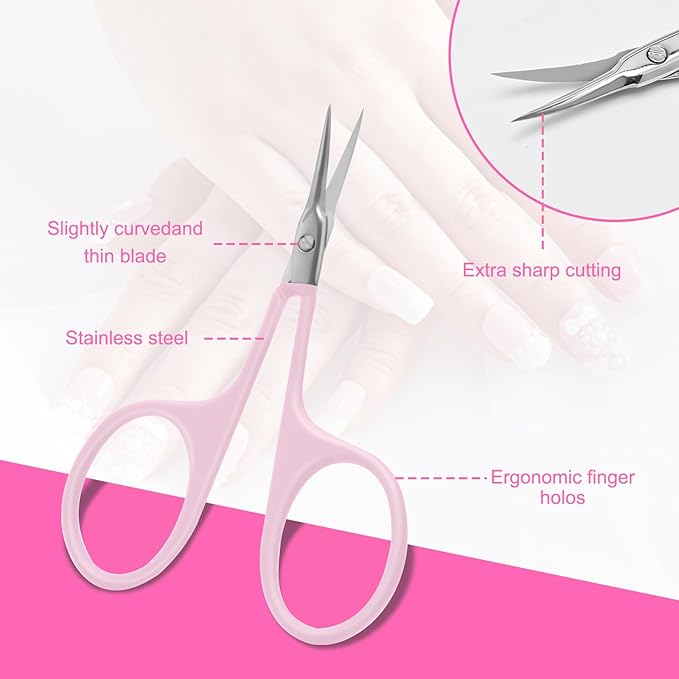 CGBE Manicure Scissors, Extra Fine Eyebrow Scissors for Grooming, Curved Blade Nail Scissors Precise Pointed Tip Grooming Kit for Eyebrow, Eyelash, Trim Nail and Dry Skin, Pink