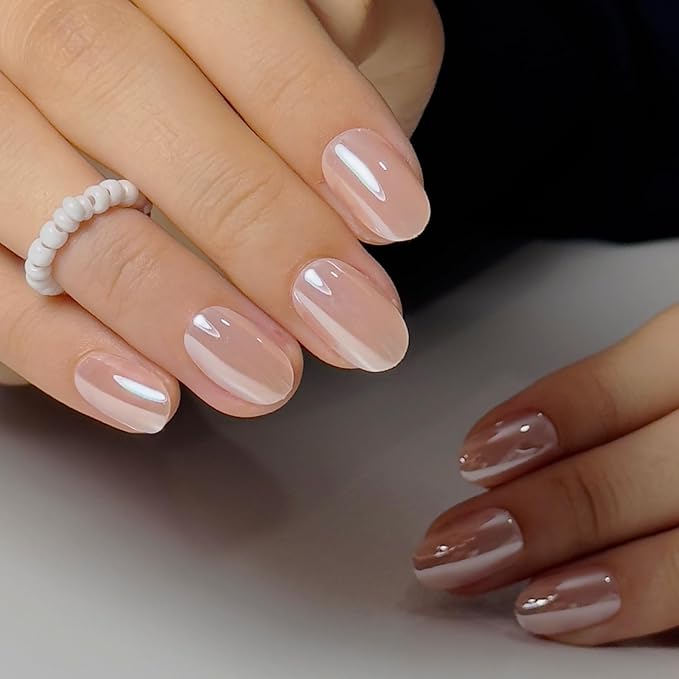 Curvlife Oval Press On Nails Short – Soft Gel Champagne Pearl Salon Quality False Nails with Glue, Long Lasting Daily Nail Tips for Women