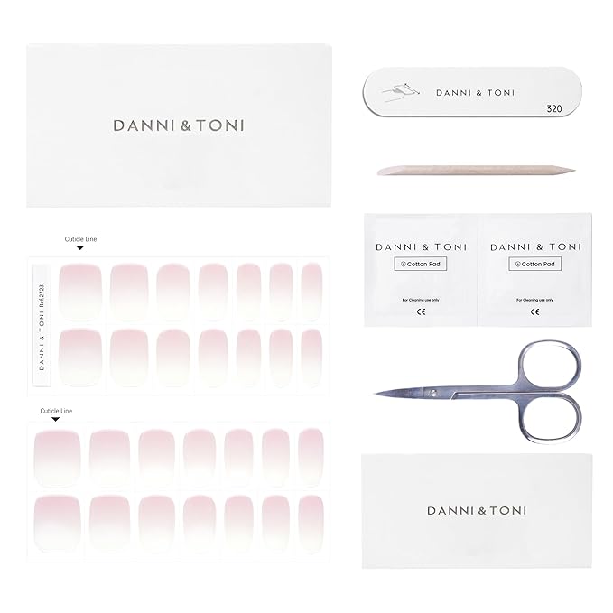 DANNI & TONI Semi Cured Gel Nail Strips Pink White Ombre (Cloud Halo) Shimmer Translucent Gel Nail Wraps 28 Stickers
