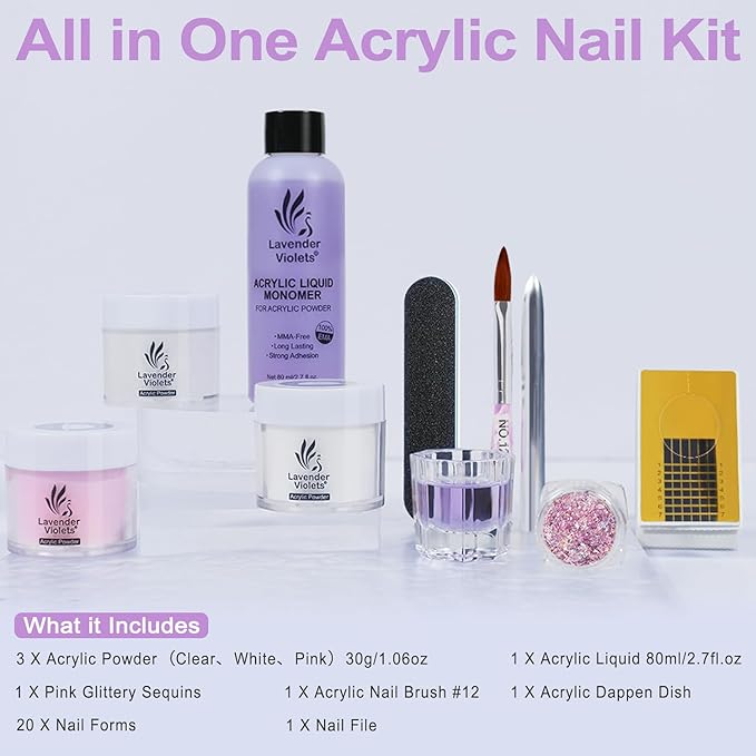 LAVENDER VIOLETS Acrylic Nail Kit - 30g x3 Clear, White, Pink Powder & 80ml Monomer Liquid Set with Carving Brush, Nail Forms, Foil Flakes N302