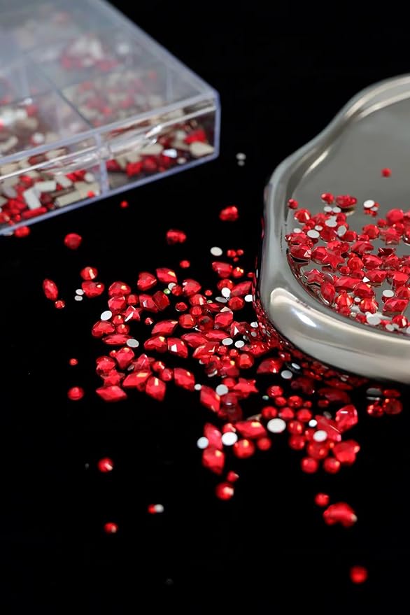 6080PCS Dark Red Rhinestones for Nails, Rhinestone kit with 20 Shapes, 3D Flatback Crystals Diamonds for Nail Art Design, Mix Sizes Nail Charms and Gems(Tweezers Included)