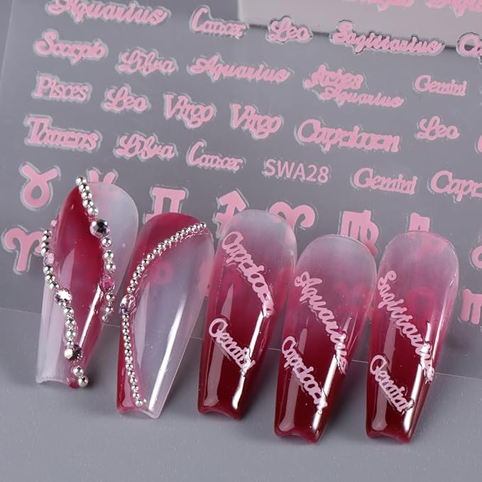 Twelve Constellation Nail Art Zodiac Letter Nail Design Stickers - Gold, Silver, Pink - 3D Self-Adhesive Zodiac Nail Decals for Women & Acrylic Nail Tips - 6 Sheets