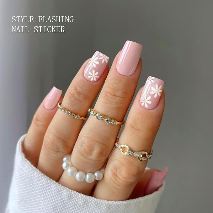 JMEOWIO Gel Nail Stickers Flower Pink Semi Cured Gel Nail Strips Wraps UV/LED Nails Art Design Decoration Accessories