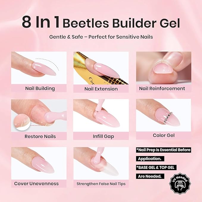 Beetles HEMA-Free Builder Nail Gel, 0.5 oz 8 in 1 Jelly Pink Gel Builder for Sensitive Nails Strengthening & Building Nail Apex UV & LED Lamp Cured DIY Salon at Home for Beginners Women