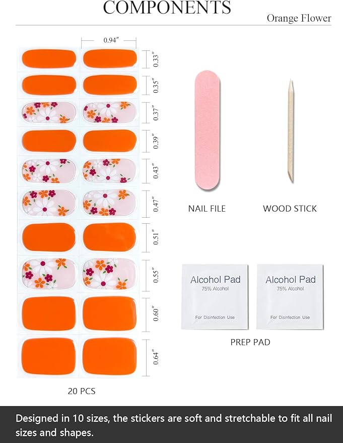 Semi Cured Gel Nail Strips (Orange Flower), 20Pcs Gel Nail Wraps, Stickers, Works With Any UV Lamps