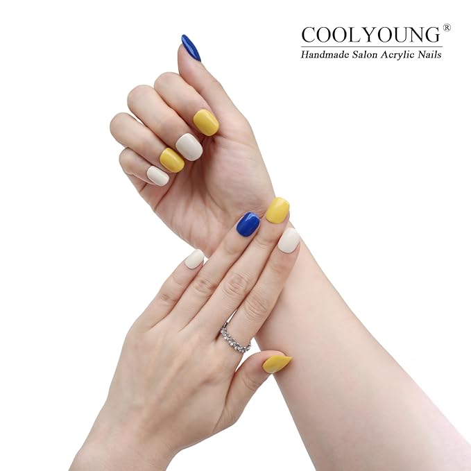 COOLYOUNG Press On Nails Short Square, Mixed Color - Blue, Yellow, Beige, Acrylic Fake Nails for Women, 25 PCS Handmade Nails