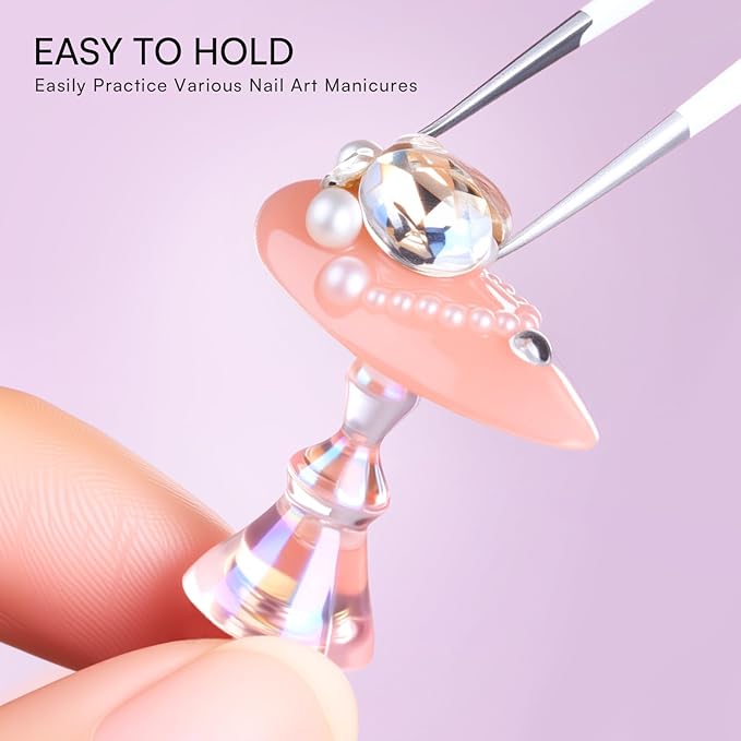 Makartt Press on Nail Stand: Magnetic Nail Holder for Painting Nails DIY Pink and Clear for Art Display Practice, Pink & Clear Glitter Flower Fake Holder for Home Salon with Reusable Adhesive Putty