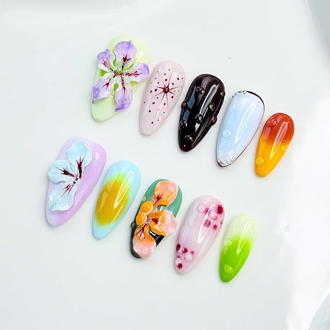 Handmade Press on Nails Medium Almond Thick Acrylic Nails with Glue,Tropical Flower Art Fake Nails with Water Droplet Pattern Designs Nature Stick on Nail False Nails for Wome (Size S)