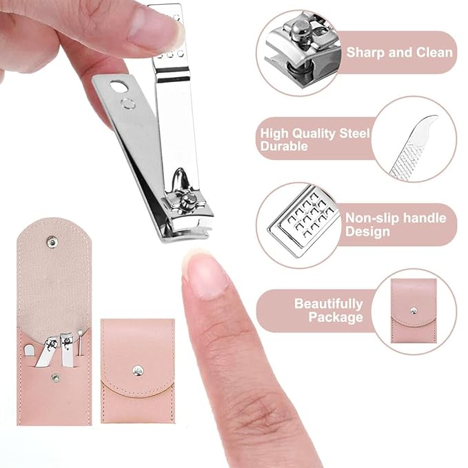 16 Sets Travel Manicure Set Professional Nail Clipper Kit Bulk,4 in 1 Adult Stainless Steel Travel Manicure Kit with Case Individually Wrapped Nail Clippers Bulk for Homeless,Hotel,Charity（Pink）