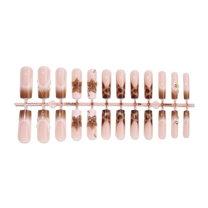 Long Square Press on Nails Fake Nails Artificial Nail Stick on Nail for Women Chic Brown & Gold Design with 3D Flowers, Leopard Print, and Gold Dots 24Pcs