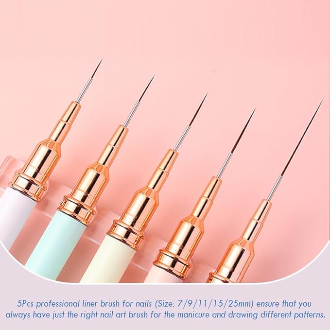 JASSINS Nail Art Liner Brushes, 5Pcs Gel Polish Painting Art Design Pen Set Striping Brushes for Thin Long Lines, Tiny Details, Fine Drawing, Delicate Coloring Sizes 7/9/11/15/25mm