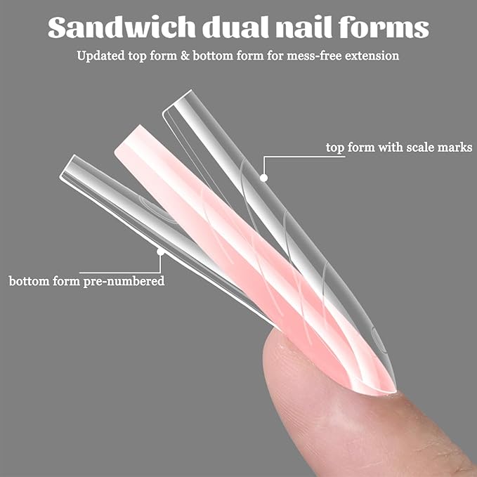 Sandwich Dual Nail Forms for Builder Gel, 180PCS Nail Forms with Brush Pen File Polygel Extension Tools Kit Top & Bottom Dual Form System Guide Lines Tips Professional Manicure Supply (Coffin)