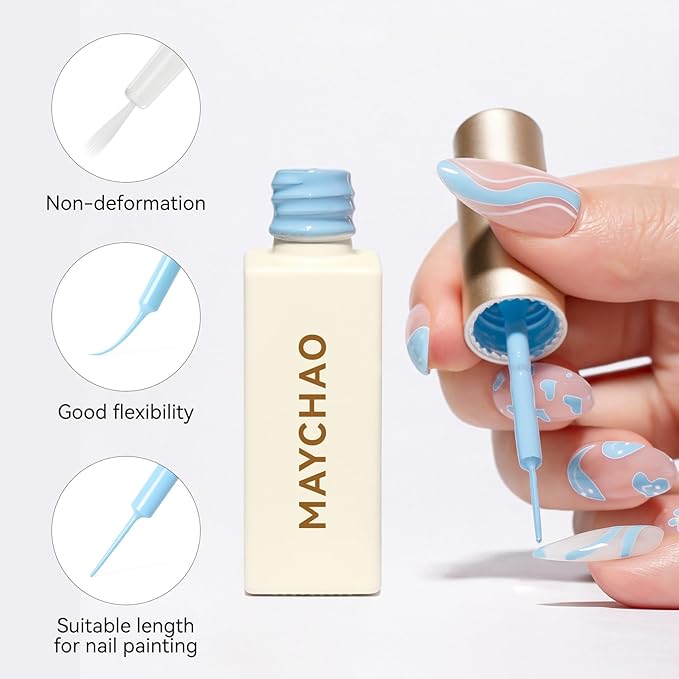MAYCHAO Baby Blue Swirl Gel Liner Nail Art Polish, 8ml Spring Summer Pastel Light Blue Gel Color Built-in Thin Brush, UV Light Cure for French Nail Tips DIY Manicure at Home Salon