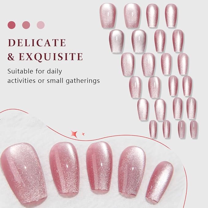 evpct Pink Cat Eye Press on Nails Square Medium Coffin, Medium Square Stick on Nails for Women Gift, Plum Pink Metallic Glitter Glossy Reusable Spring Summer Press on Acrylic Fake Nail with Design