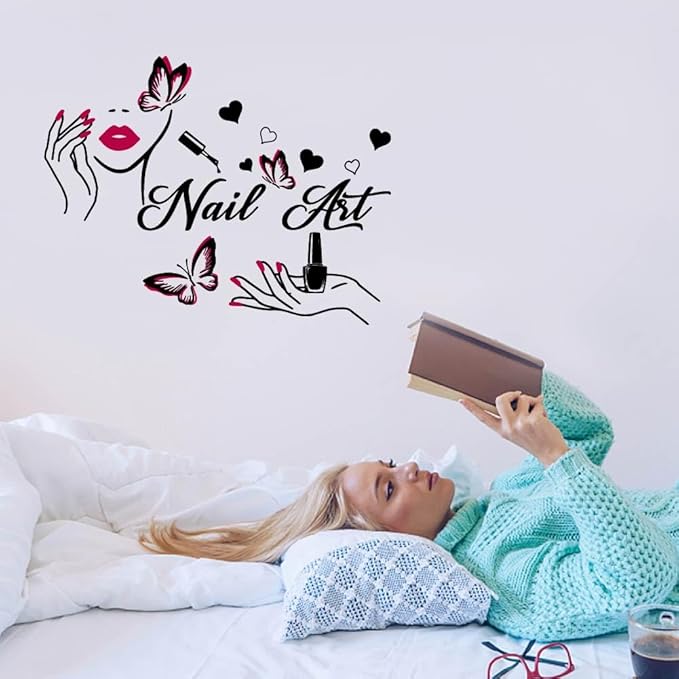 SUPERDANT Nail Art Wall Decor Nails Theme Wall Stickers with Butterfly Decals Nail Salon Stickers for Walls Vinyl Art Decor Gift for Girl Woman Bedroom Dressing Room Decoration
