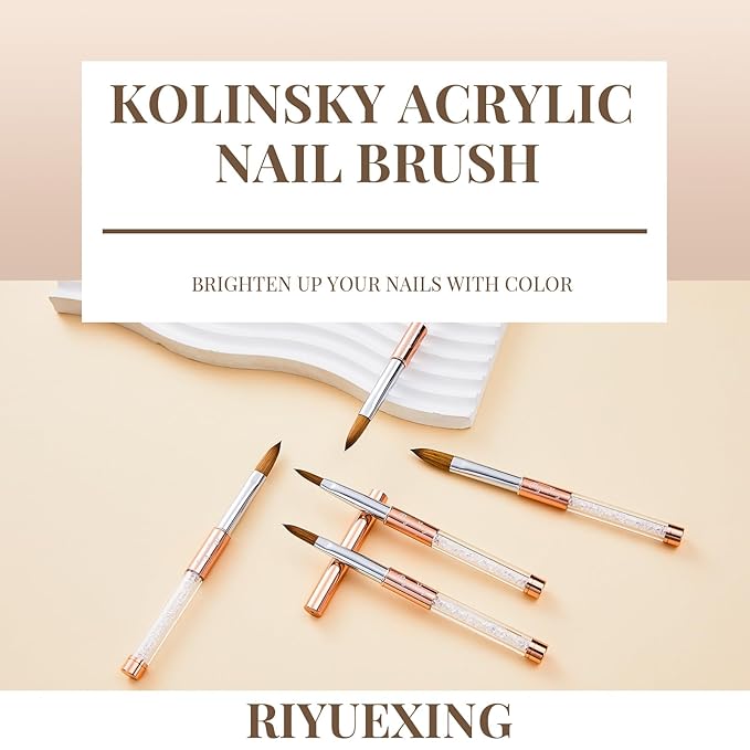 3PCS Kolinsky Hair Acrylic Nail Brush Set, Size 6/10/12, Oval Crimped Pressed Shaped, Golden Metal Handle, Professional Manicure for DIY Home Salon