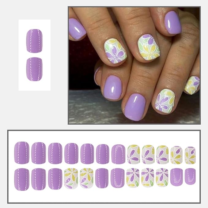 Press on Nails Square Short Purple Fake Nails Press ons Artificial Acrylic Nail Tips Kit Full Cover False Nails with Yellow Flowers Glossy Designs Stick on Nails for Women 24Pcs