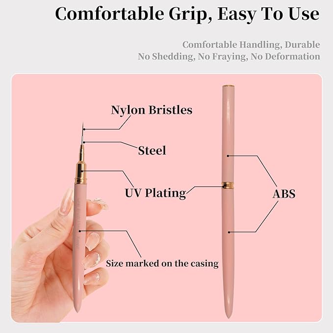 Professional Detail Nail Art Paint Liner Brush Set, 5Pcs Small Polish Design Tech Nail Tip Fine Line Striping Brushes, 25/15/11/9/7Mm Skinny Long Bristle Nails Drawing Pincel Para Uñas, Pink