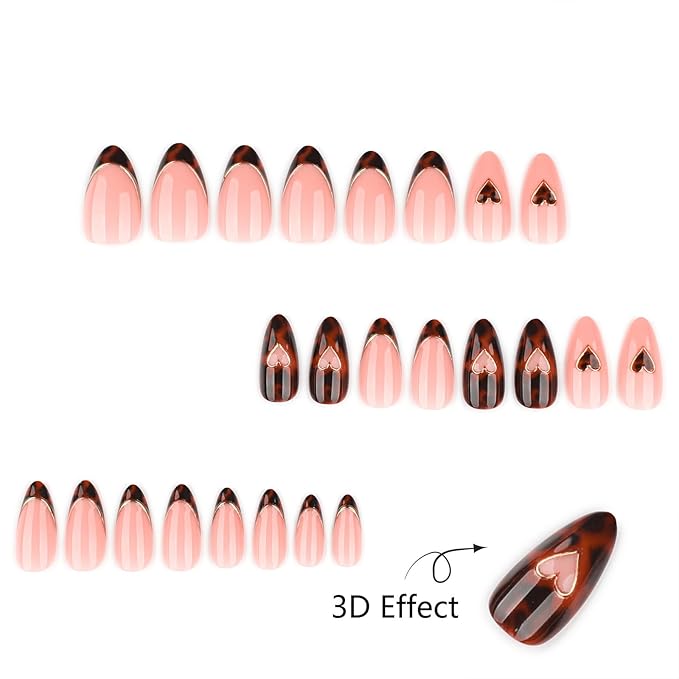 Medium Press On Nails Almond, Nude Pink French Tip Leopard Design with Gold Heart Detail, Glossy Acrylic Fake Nails, Reusable Stick On Nail Set 24pcs for Women, Chic Elegant Manicure