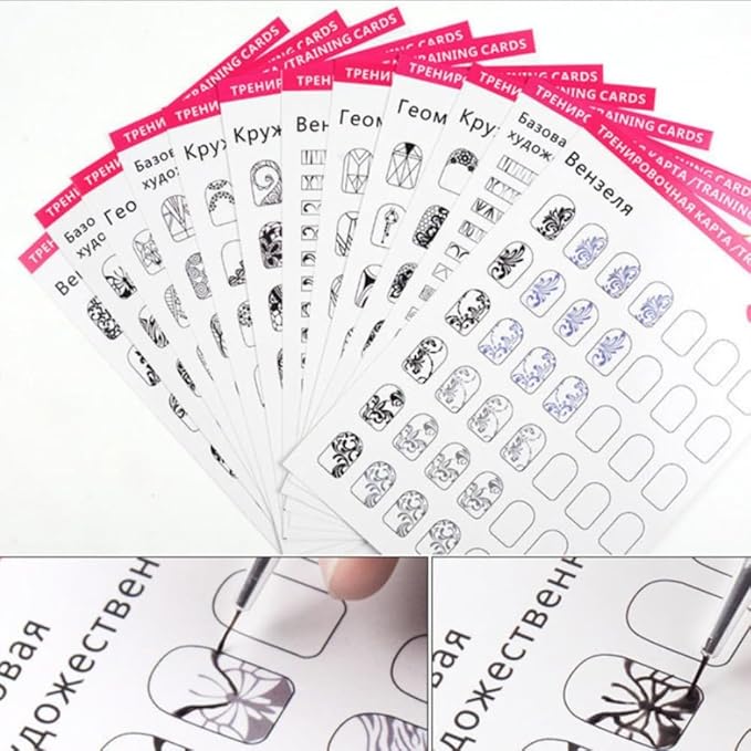 HomeSoGood Nail Art Book Design Practice Acrylic Nail Art Practice with 3pcs Nail Liner Pen 360pcs Nail Wipes,Lines Drawing Template Learning Book Reusablev