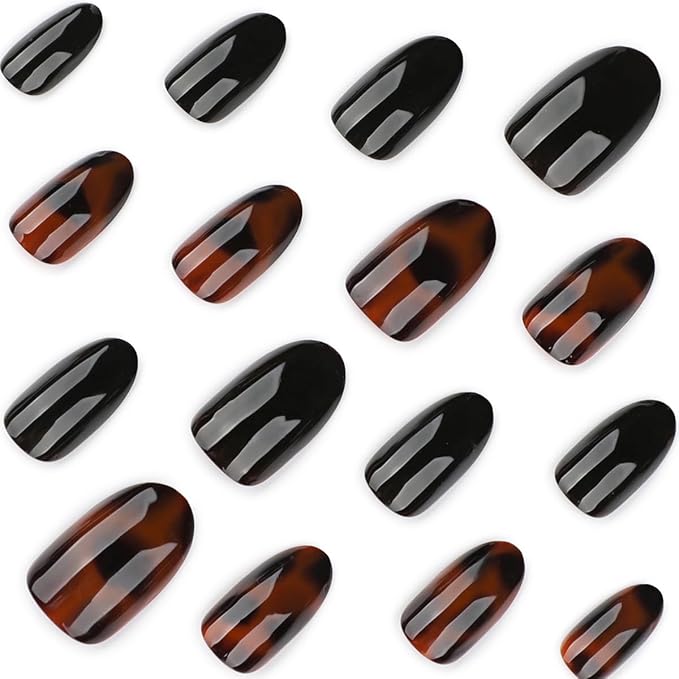 Tortoise Shell Press on Nails - Black Short Almond Nails Fall Winter False Nails Press ons with Design, Glossy Acrylic Full Cover Stick on Nails for Women Manicure 24Pcs
