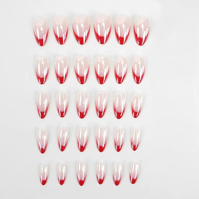 30Pcs Almond Press On Nails - Supremely Fit & Natural Soft Gel Almond Nails,15 Sizes, Reusable Fake Nails Kit with Gift Box for Women (Red Frech)
