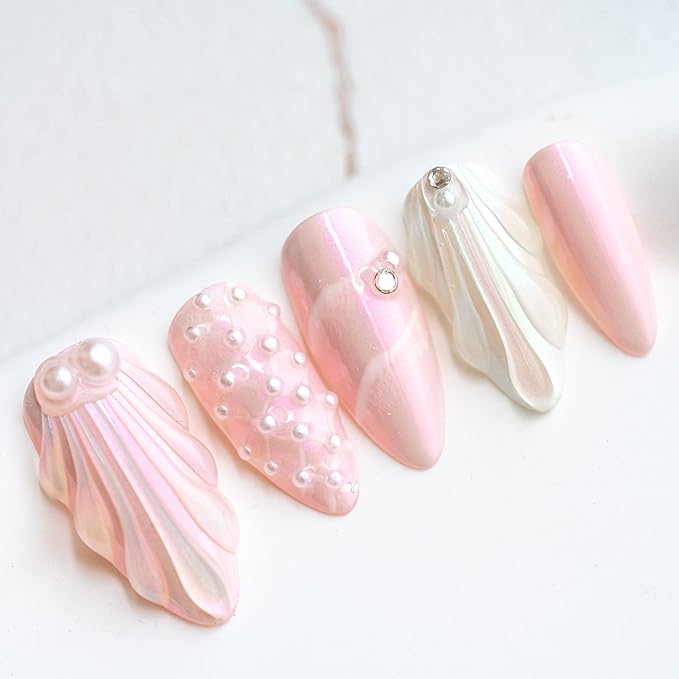 Sun&Beam Nails Handmade Press On Nail Medium Long Almond Oval Pink White Pearl Shell Fake Tip 3D Design Art Charms Cute with Storage Box 10 Pcs (Pink-XS)