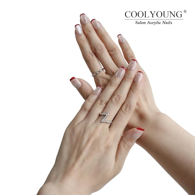 Press On Nails, COOLYOUNG Red French Tip Press On Nails, Cat Eye Nails, Short Natural Acrylic Fake Nails for Women, 30 PCS False Nails