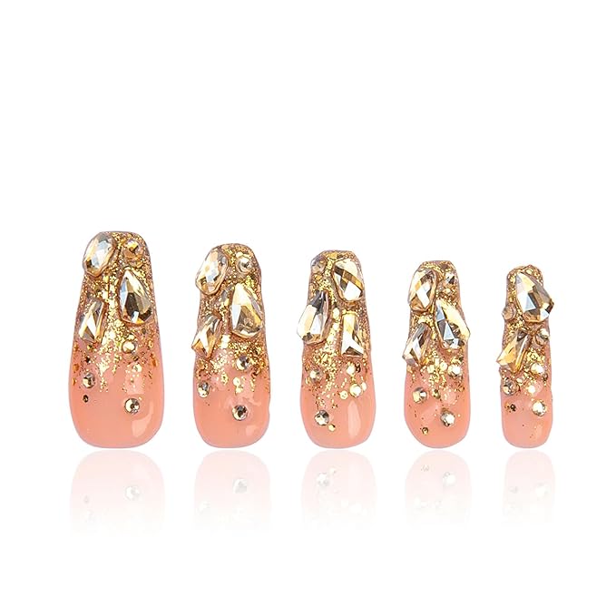 LOVFUL Press on Nails Stardust Gold Rhinestone | Handmade with Full Covered Crystals | Reusable Full Cover Nails | Coffin Classic Regular 1.3 in | H84-M