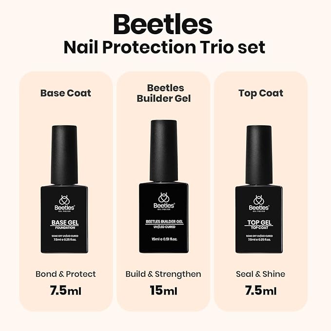 Beetles Builder Gel for Nails,3 Pcs Clear Builder Nail Gel with Base & Top Coat Gel for Nail Strengthening Apex Building Extension for Beginner DIY Salon at Home,UV & LED Lamp Needed