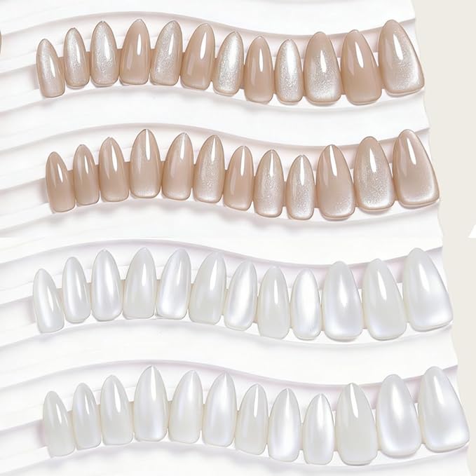 KQueenest 4 Packs Cat Eye Press On Nails Almond, Glitter Chrome Press On Nails Medium, Pastel Fake Nails Press Ons Almond, Sparkle Glue On Nails for Daily Party, 96 Pcs False Nails Kit
