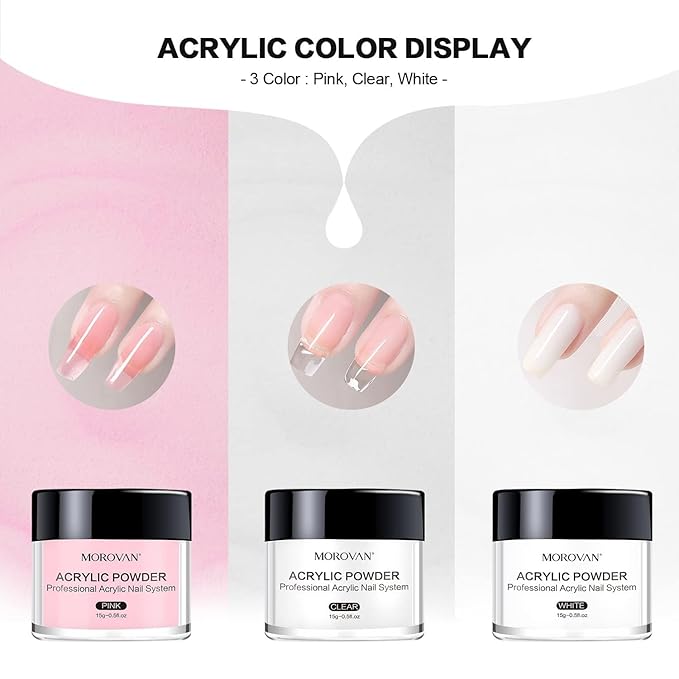 Morovan Acrylic Nail Kit & Nail Glue: Clear Pink White Acrylic Powder and Professional Liquid set & Brush On Nail Glue for Extension for Beginner