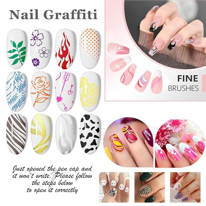 12 Colors Nail Art Pens Set, 2026 New Gel Nail Art Markers for DIY Drawing, Painting, Dotting & Lining, with 1PC Reusable Nail File & 1PC Buffer for Natural Nails, Home & Salon Manicure Kit