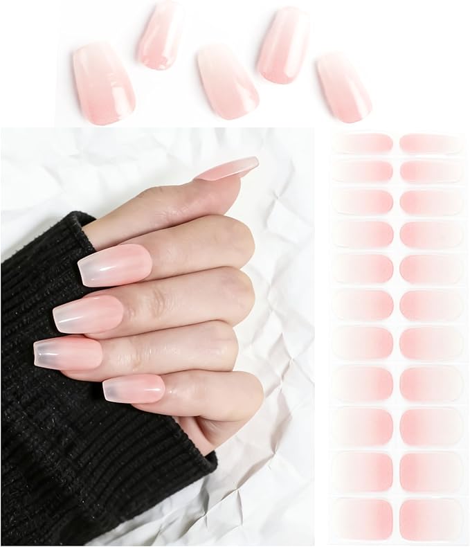 Semi Cured Gel Nail Strips White Pink Ombre Gel Nail Stickers with UV/LED Required Long Lasting Gel Nail Stickers for Spring Includes 22 Strips 2 Prep Pads, Nail File & Wooden Stick