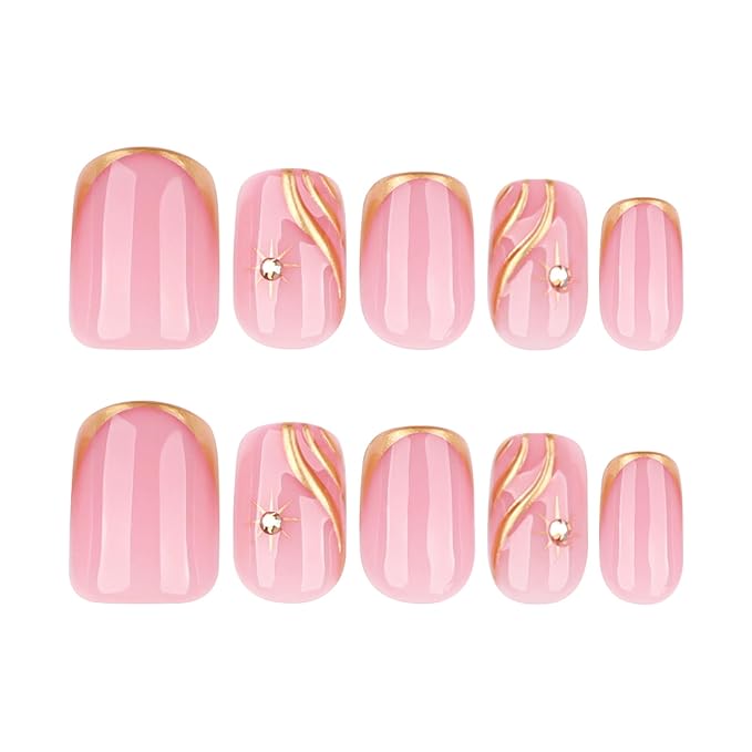 Press on Nails Square Fake Nails French Tip False Nails with Gold Line Star Design Glue on Nails Press ons Short Acrylic Nail Glossy Full Cover Stick on Nail for Women Manicure 24Pcs