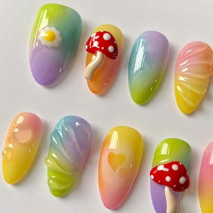 Handmade Press on Nails Short Almond 3D Unique Reusable ABS Material Cute Fake Nails Luxury False Nails with Designs Mushroom Egg Colorful Glossy Glue on Nails Thick Acrylic Nails(M)