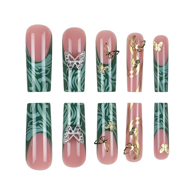 Almond Acrylic Full Cover Nails 24pcs Green Glossy False Nails with Butterfly Designs French Tip Press-On Nails