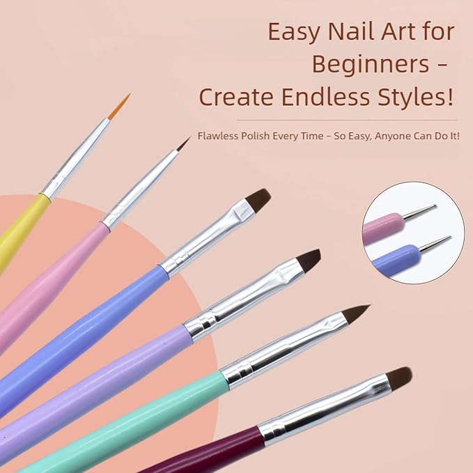 Nail Art Brushes Set 6Pcs - Professional Nail Design Pens with Gel Extension Brush, Polish Brush, Builder Brush, Liner Brush, Carved Brush & Dotting Pen for Acrylic/Gel/Polish, DIY Home & Salon Use
