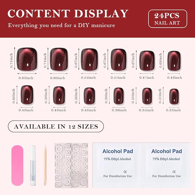 evpct Wine Red Cat Eye Extra Short Press on Nails Square, Petite Short Square Stick on Nails for Women Gift, Black Wine Red Metallic Glitter Glossy Reusable Gel Press on Acrylic Fake Nail with Designs