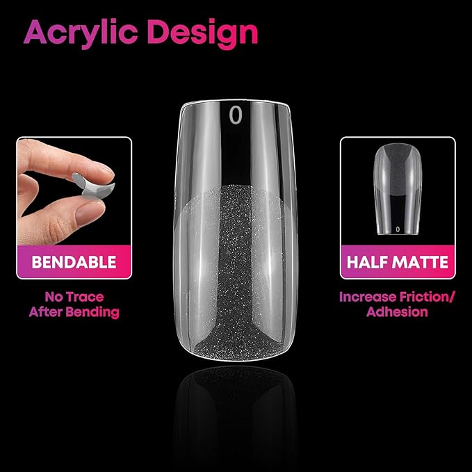 Medium Square Nail Tips, 504pcs Artificial Full Cover Square Nail Tips 12 Sizes Half Matte Clear Soft Pre-shaped Acrylic Gel Nails Tips for Nail Extensions Manicure Salon Home DIY