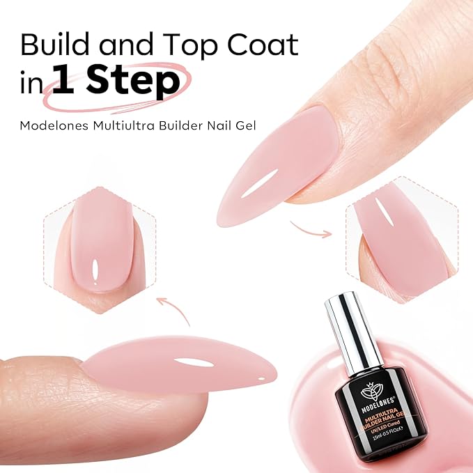 modelones Builder Nail Gel, Soft Pink Builder for Nails No Top Coat Needed, Glossy Jelly Finish Blush Pink, No-Wipe, C-Curve Sculpting, 9-in-One LED Lamp Cured Color Gel Polish for Quick Diy Salon
