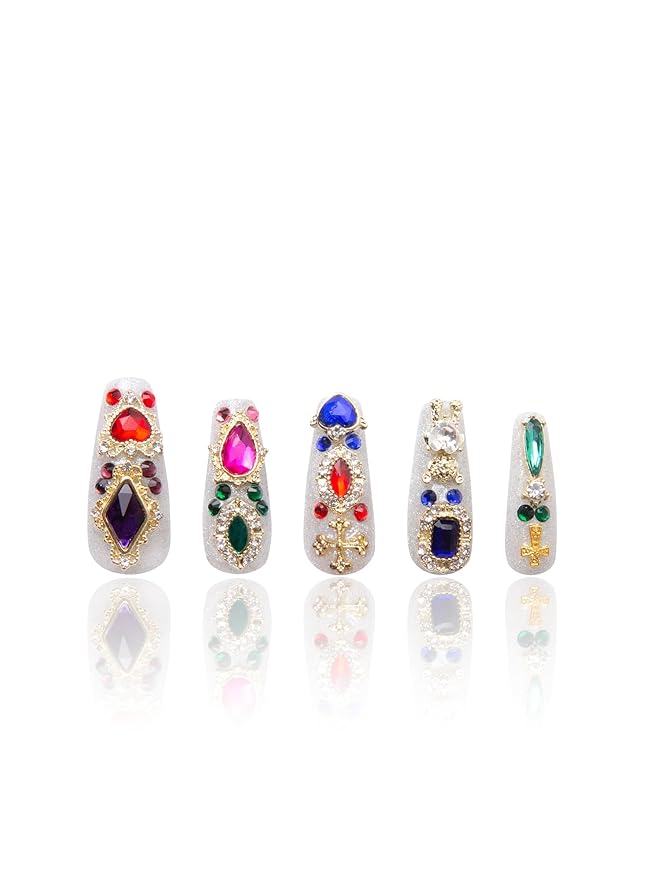 LOVFUL Press on Nails Treasure Trove Rhinestone | Handmade with Full Covered Crystals | Reusable Full Cover Nails | Coffin Classic Regular 1.3 in | H103-S